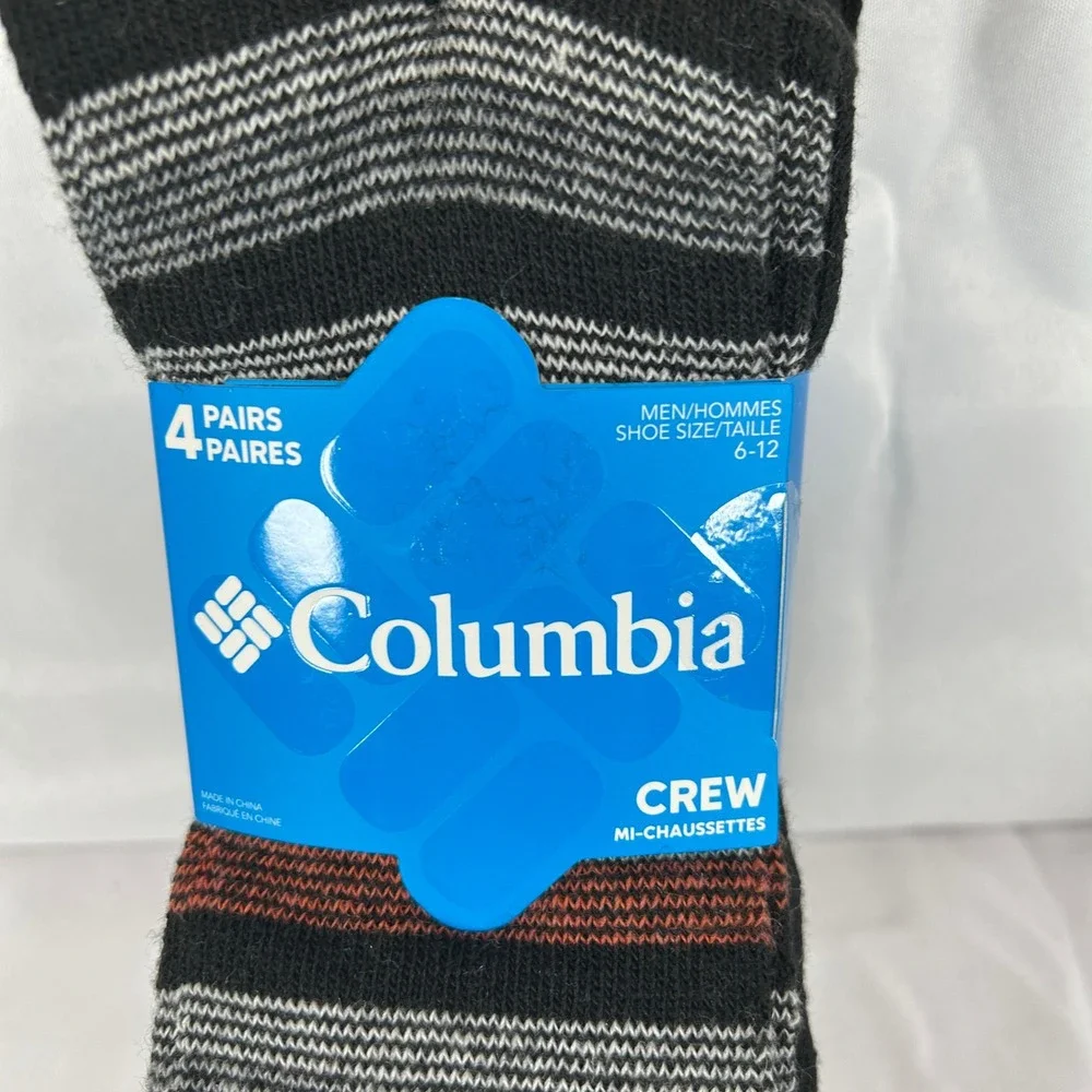 Columbia Mens Crew Socks 4 Pairs Wool Blend Geometric Striped Black Grey 6-12